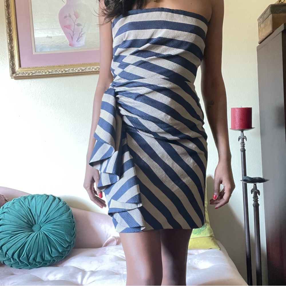 Blue + Beige Striped + Ruffled Bodycon Mini